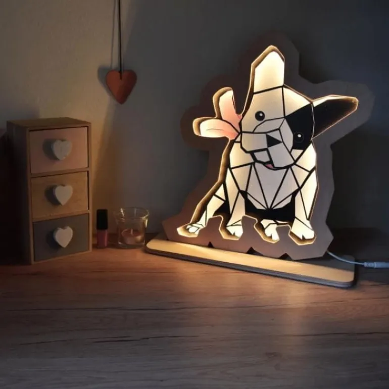 Drewniana Lampka Led Buldog Różowy 24h
