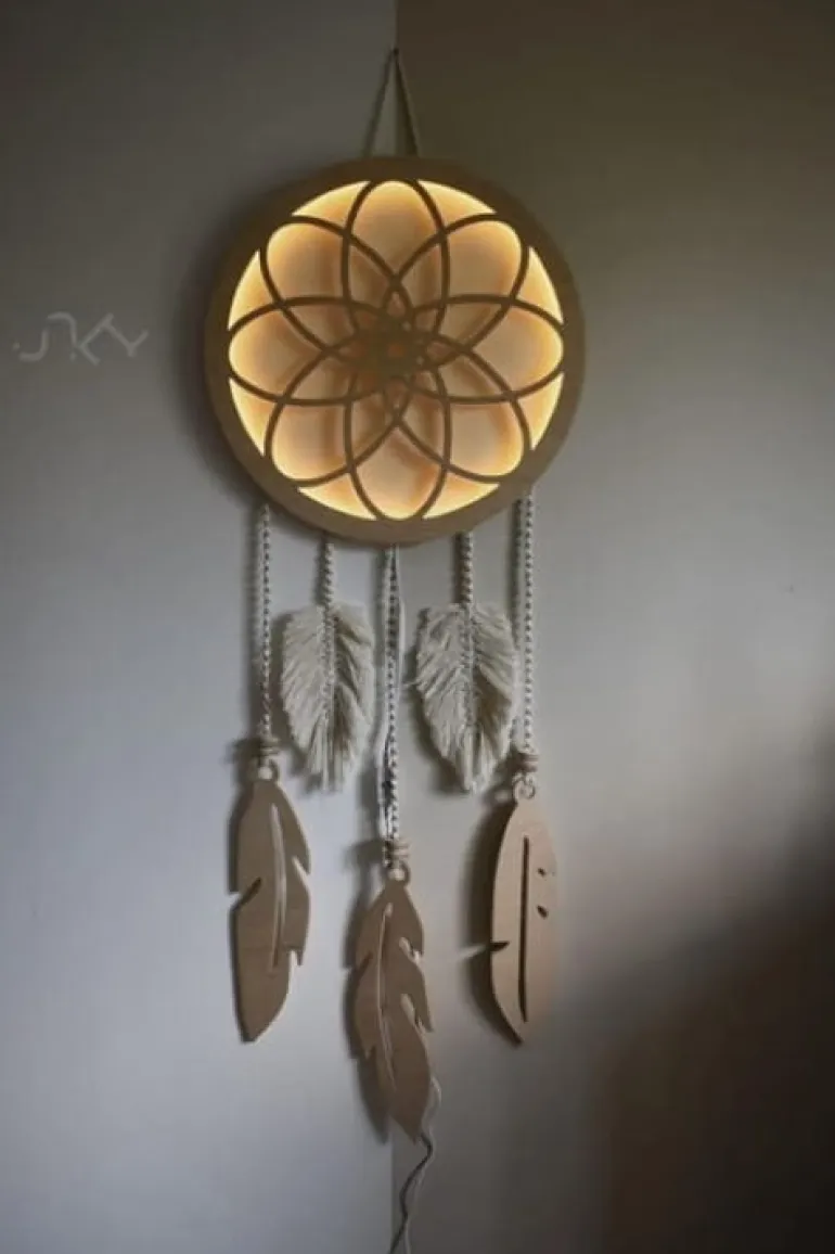 Drewniana Lampka na Ścianę Led Łapacz Snów 24h