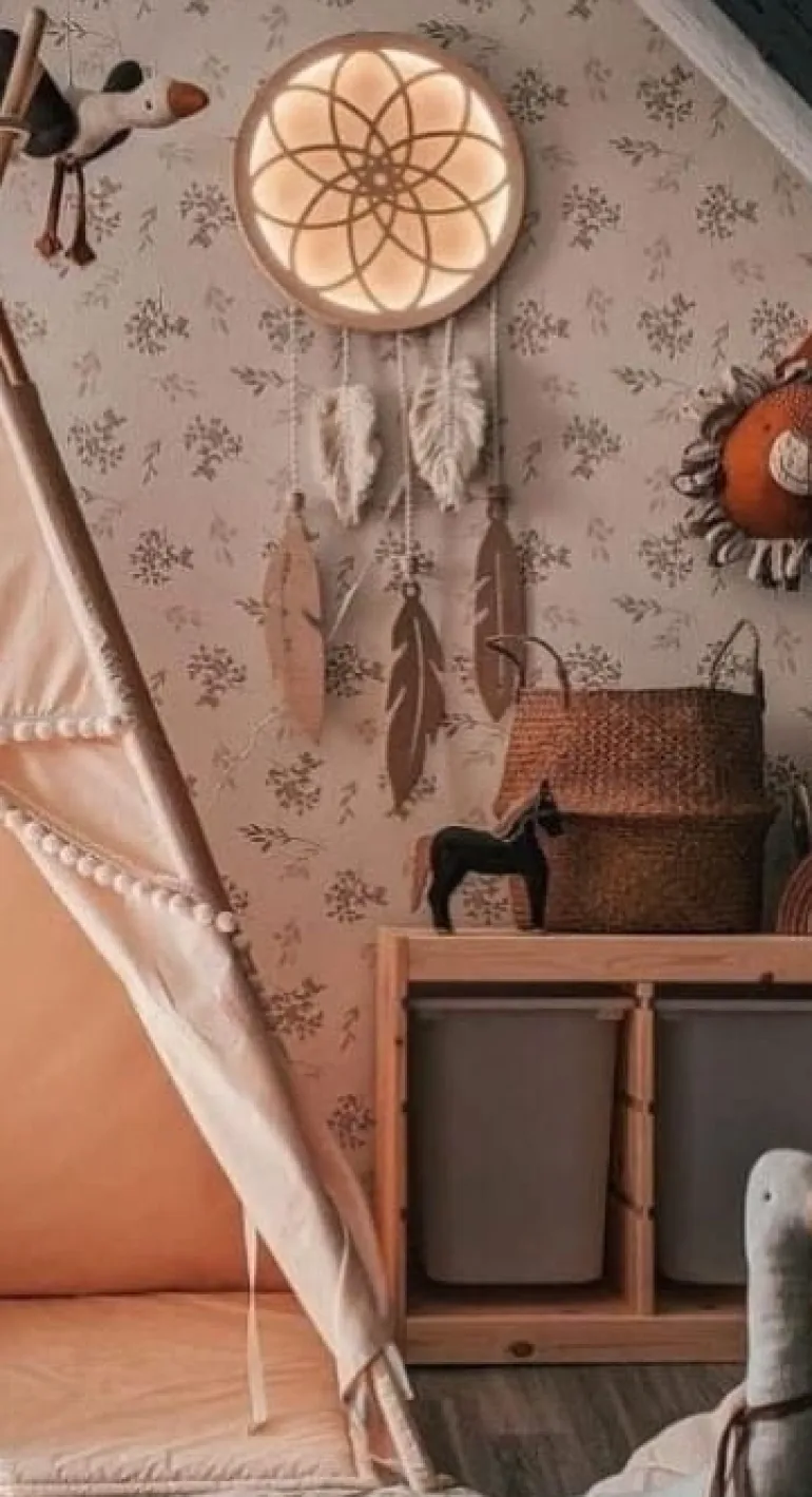 Drewniana Lampka na Ścianę Led Łapacz Snów 24h